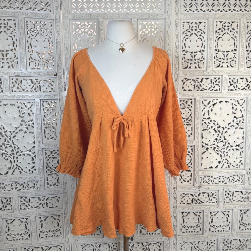 Beginning Boutique Orange Mini‎ Dress Sz 8 Flowy V Neck Beachy Puff Sleeve